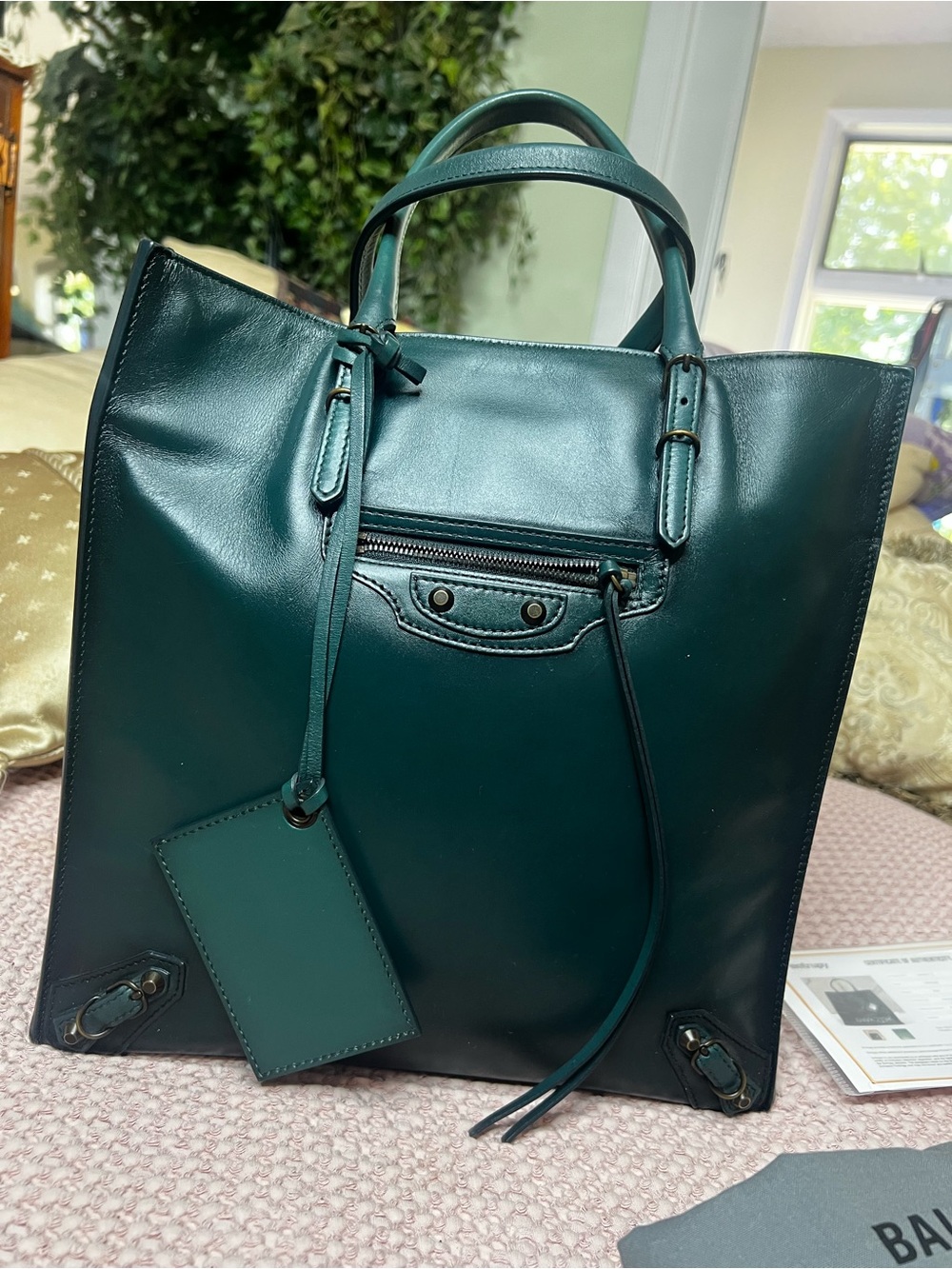 Balenciaga Papier A5 Teal Green Leather Tote Bag COA Dust Bag Mirror
